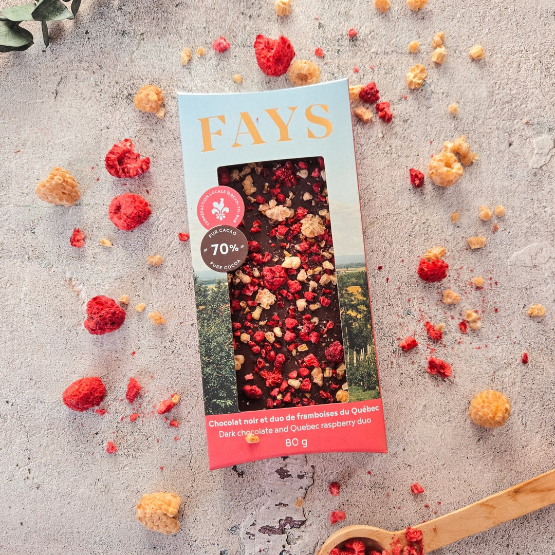 Barre de chocolat noir et duo de framboises du Québec Fays