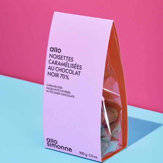 Noisettes caramélisées au chocolat noir 70% - Allo Simone