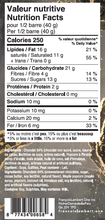 Tablette de chocolat noir et popcorn à l'érable 🍫🍿 - François Lambert