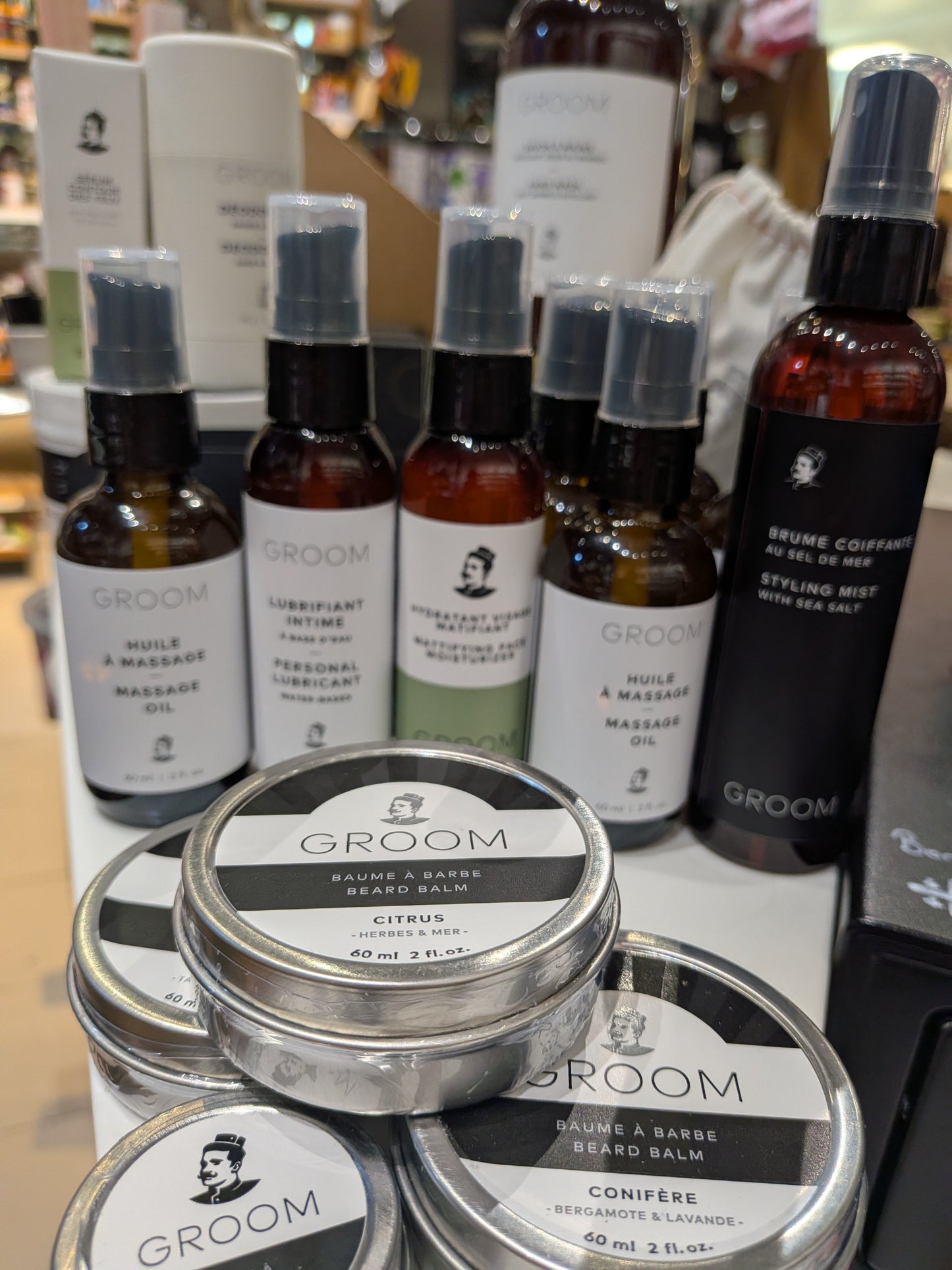 Groom - produit pour la barbe et la moustache + produits pour homme  (la disponibilité en boutique peut varier - au moins un de chaque en stock en date du 10 juin 2026 - n'hésitez pas à appeler avant de vous déplacer)