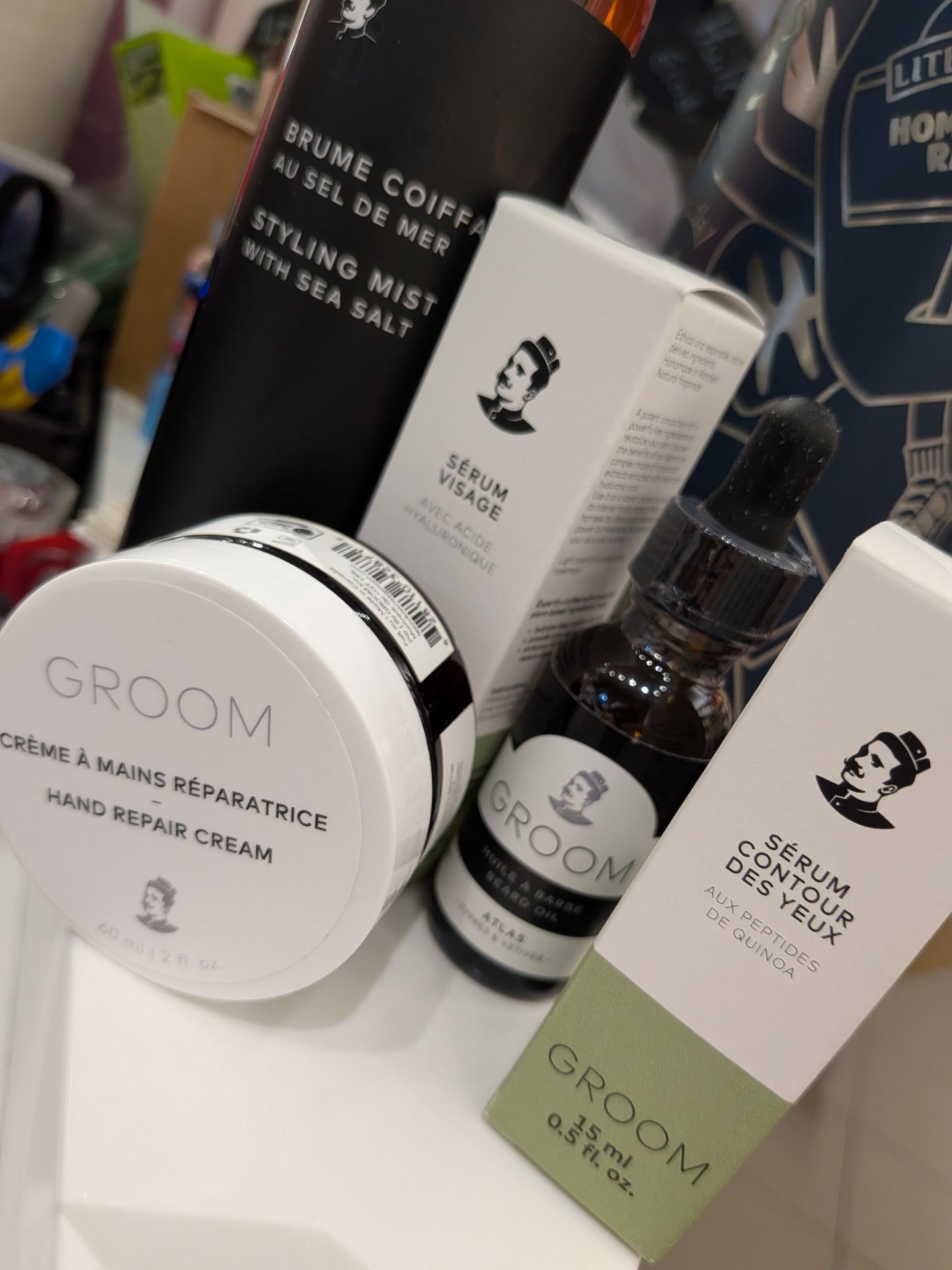 Groom - produit pour la barbe et la moustache + produits pour homme  (la disponibilité en boutique peut varier - au moins un de chaque en stock en date du 10 juin 2026 - n'hésitez pas à appeler avant de vous déplacer)